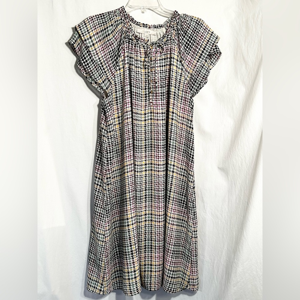 WOMENS LARGE MULTI-COLORED HOUNDSTOOTH TIERED CAP SLEEVE LINED PULLOVER DRESS